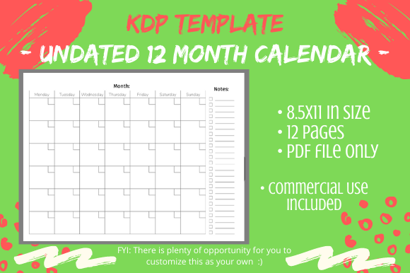 Download 8.5x11 Undated 12 Month Calendar &amp; Notes - 12 month calendar Collection